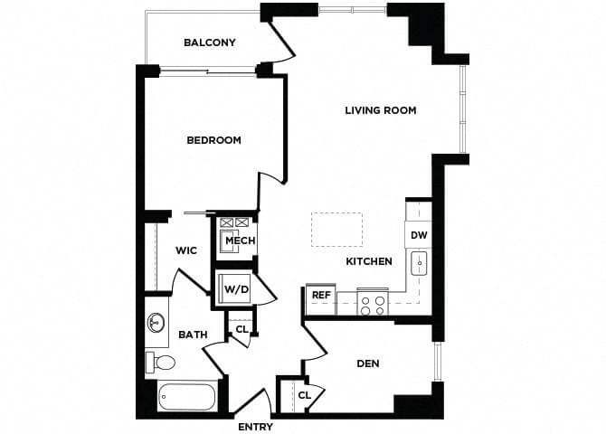 Floor plan for 1 bed, 1 bath, 854 sqft